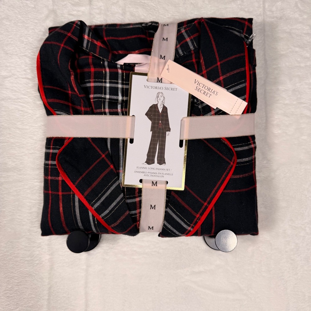 Victoria's Secret Flannel Pajama Set Black Red Plaid Gold Metallic Size M NWT